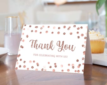 EDITABLE Rose Gold Thank You Card Template, Rose Gold Glitter Confetti Shower or Party Thank You, Corjl