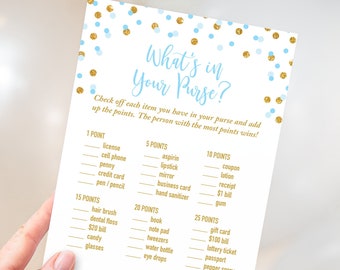 What's In Your Purse Shower Game, Blue and Gold Glitter Confetti Shower Game, INSTANT DOWNLOAD, 0002