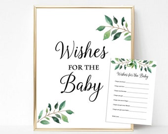 Greenery Wishes For The Baby Sign & Cards, Greenery Calligraphy Baby Shower Activity, INSTANT DOWNLOAD