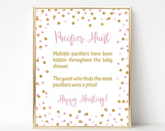 Pacifier Hunt Baby Shower Game Sign, Pink & Gold Glitter Confetti Baby Shower Game, 2 Sizes, INSTANT DOWNLOAD