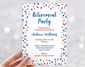 Editable Retirement Party Invitation Template, Patriotic Red, Blue & Silver Glitter Confetti Printable Invite, Corjl, 0004