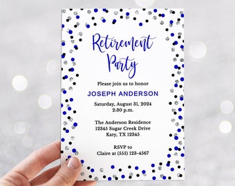 Cobalt Retirement Party Invitation Template, Royal Blue & Silver Glitter Confetti Editable Invite, TEMPLETT, CBS1