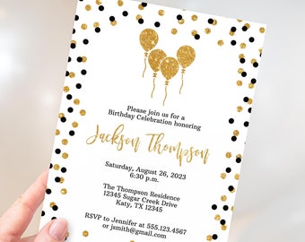 Black & Gold Birthday Party Editable Invitation Template, Black and Gold Glitter Confetti Birthday Invite, Corjl, BLK00