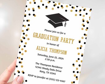 Graduation Party Invitation Template, Black & Gold Glitter Confetti Editable Grad Party Invite, Corjl, BLK00