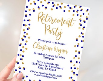 Retirement Party Invitation Template, Royal Blue & Gold Glitter Confetti Editable Invite, Corjl