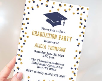 Navy Graduation Party Invitation Template, Navy & Gold Glitter Confetti Editable Grad Party Invite, CORJL