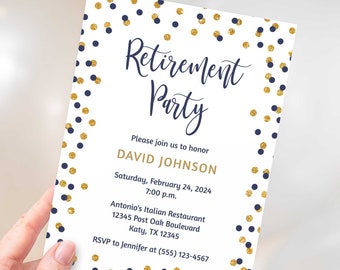 Navy Retirement Party Invitation Template, Editable Navy & Gold Glitter Confetti Printable Invite, Corjl