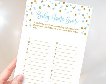 Baby Name Shower Game, Blue & Gold Glitter Confetti Baby Shower Activity, A to Z Game, INSTANT DOWNLOAD, 0002