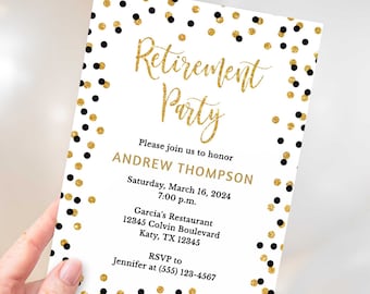 Retirement Party Editable Invitation Template, Black & Gold Glitter Confetti Invite, Corjl, BLK00