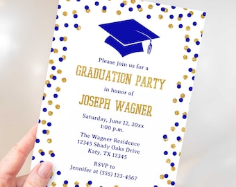 Editable Royal Blue Graduation Party Invitation Template, Royal Blue & Gold Glitter Confetti Invite, Corjl