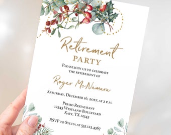 Winter Retirement Party Invitation Template, Winter Christmas Berries Editable Invite, Corjl, WCB