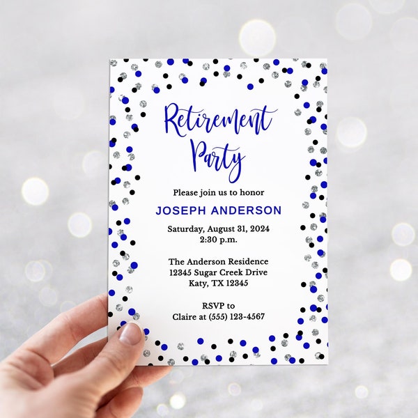 Cobalt Retirement Party Invitation Template, Royal Blue & Silver Glitter Confetti Editable Invite, TEMPLETT, CBS1