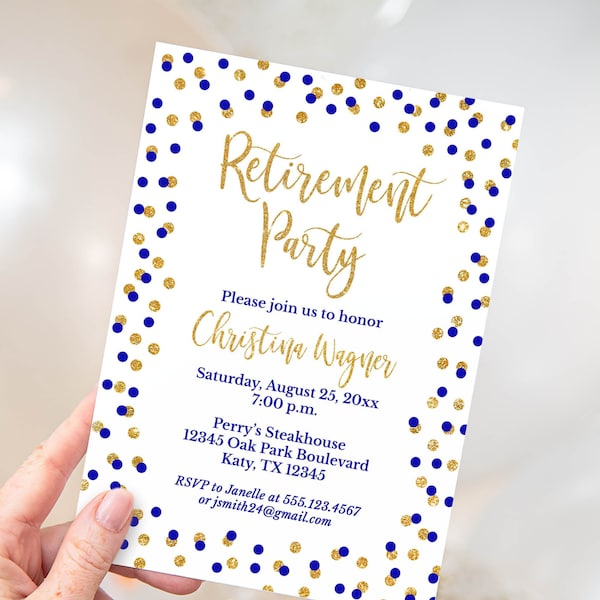 Retirement Party Invitation Template, Royal Blue & Gold Glitter Confetti Editable Invite, Corjl
