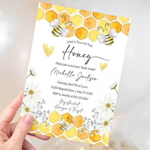 She's Found Her Honey Bridal Shower Invitation Template, Yellow Honey Bee Shower Editable Invite, Corjl