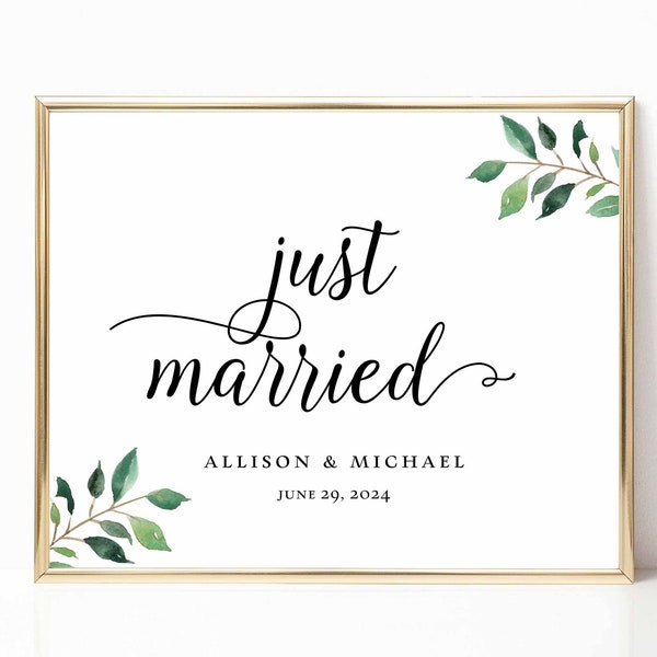 Greenery Just Married Wedding Sign Template, Greenery Calligraphy Editable Reception Signage, 3 Sizes, Corjl