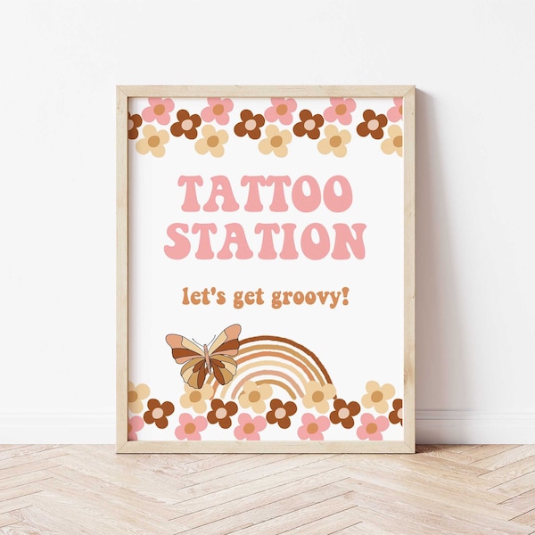 Groovy Tattoo Station Party or Shower Sign, Retro Hippie 70's Shower Sign, 2 Sizes, INSTANT DOWNLOAD