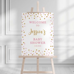 Pink Welcome Sign Template, Pink & Gold Glitter Confetti Editable Shower Welcome Poster, Corjl