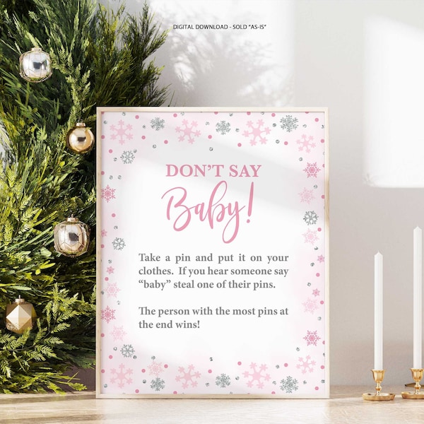 Don't Say Baby Winter Baby Shower Game Sign, Pink and Silver Glitter Snowflakes, Diaper Pin Game, Necklace Game, INSTANT DOWNLOAD, PSS