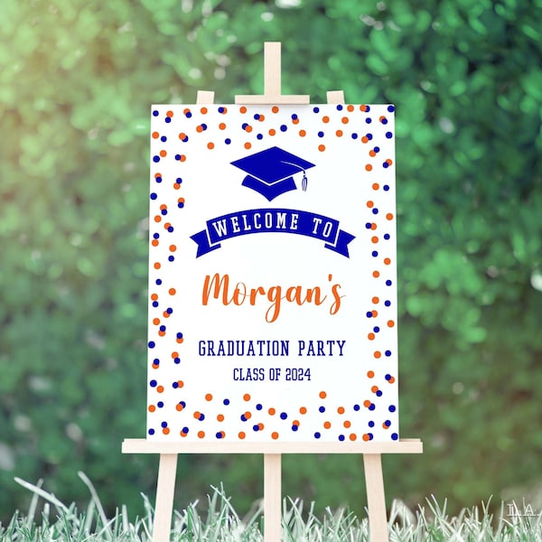 Graduation Welcome Sign Editable Template, Royal Blue & Orange Confetti Welcome Sign, Corjl, RBO