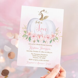 Fall in Love Bridal Shower Invitation Template, Pink & White Pumpkin Editable Shower Invite, Corjl