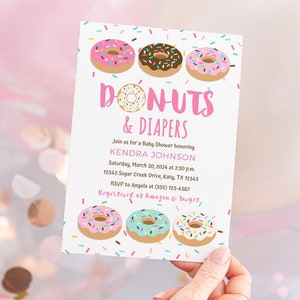 Donuts & Diapers Baby Shower Invitation Template, Pink Donut Sprinkle Editable Invite, TEMPLETT