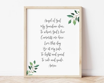 Guardian Angel Prayer Art Print Sign, Greenery Calligraphy Sign, Angel of God Prayer, 2 Sizes, INSTANT DOWNLOAD