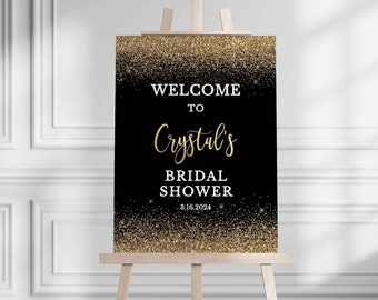 Black & Gold Welcome Sign Template, Black and Gold Glitter Confetti 2 Editable Shower Sign, Corjl, 002