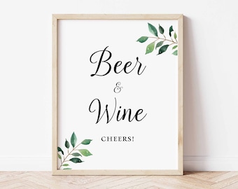 Greenery Beer and Wine Party Sign, Greenery Calligraphy Beer and Wine Shower Bar Sign, Wedding Sign, 2 Sizes, INSTANT DOWNLOAD