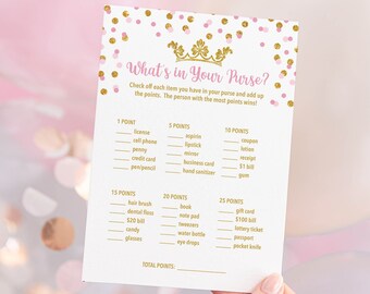 Princess What's In Your Purse Shower Game, Pink & Gold Princess Baby Shower Game, INSTANT DOWNLOAD