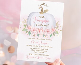 Pumpkin Baby Shower Invitation Template, Editable Fall Pink & White Pumpkin Baby Girl Shower Invite, Corjl