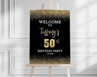 Black & Gold Welcome Sign Editable Template, Black and Gold Glitter Confetti 2 Birthday Poster, Corjl, 002