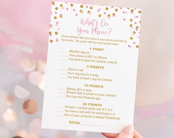 What's On Your Phone Baby Shower Game, Pink and Gold Glitter Confetti Search Cell Shower Game, Baby Girl, INSTANT DOWNLOAD