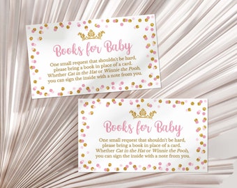 Princess Books for Baby Shower Card, Pink & Gold Princess Book Request Invitation Insert, INSTANT DOWNLOAD