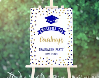 Royal Blue Graduation Welcome Sign Template, Editable Royal Blue & Gold Glitter Confetti Sign, Corjl