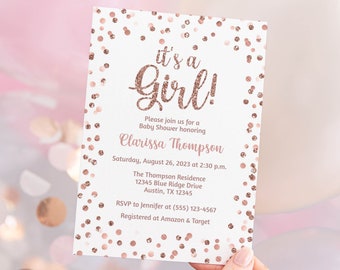 Rose Gold Baby Shower Invitation Template, Editable Rose Gold Glitter Confetti It's a Girl Invite, Corjl