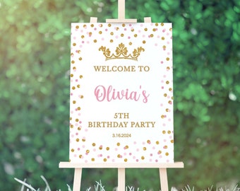 Princess Birthday Welcome Sign Template, Pink & Gold Glitter Princess Editable Shower Welcome, Corjl