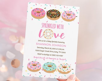 Sprinkled with Love Baby Shower Invitation Template, Pink Donut Sprinkle Editable Invite, TEMPLETT