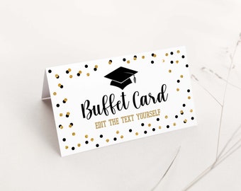 Graduation Food Tent Template, Black & Gold Glitter Confetti Editable Buffet Labels, Place Cards, Corjl, BLK00