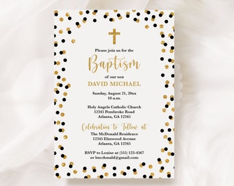 Black and Gold Baptism Invitation Template, Black & Gold Glitter Confetti Editable Baptism Invite, Corjl, BLK00