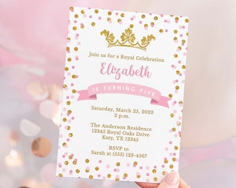 Princess Birthday Party Invitation Template, Editable Pink Gold Princess Invite, Corjl