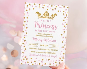 Princess Baby Shower Invitation Template, Pink & Gold Little Princess Editable Baby Girl Shower Invite, Corjl