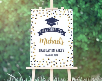 Navy Graduation Welcome Sign Template, Navy & Gold Glitter Confetti Editable Grad Party Poster, Corjl