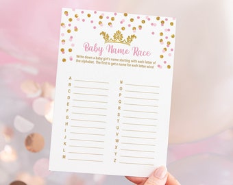 Princess Baby Name Race Shower Game, Pink & Gold Crown Baby Shower Activity, A to Z Game, Princess Baby Girl Shower Game, INSTANT DOWNLOAD