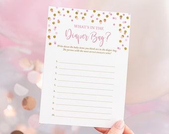 Diaper Bag Baby Shower Game, Guess What's in the Diaper Bag Game, Pink & Gold Glitter Confetti, INSTANT DOWNLOAD