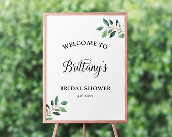 Greenery Calligraphy Welcome Sign Template, Greenery Leaves Shower Editable Welcome Sign, Corjl