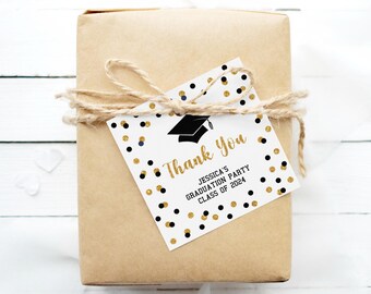 Black & Gold Graduation Favor Tags Template, Black and Gold Glitter Confetti Editable 2" Square Favor Tags, Corjl, BLK00