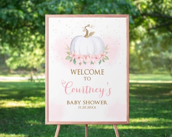 Pumpkin Fall Welcome Sign Template, Pink & White Pumpkin Editable Shower Sign, Corjl