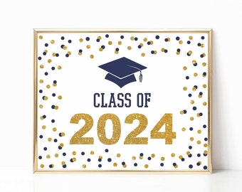 Class of 2024 Graduation Sign, Navy & Gold Glitter Confetti Printable Sign, 2 Sizes, INSTANT DOWNLOAD