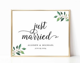 Greenery Just Married Wedding Sign Template, Greenery Calligraphy Editable Reception Signage, 3 Sizes, Corjl