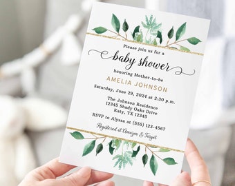 Greenery Baby Shower Invitation Template, Greenery Calligraphy Editable Invite, Gender Neutral, Corjl